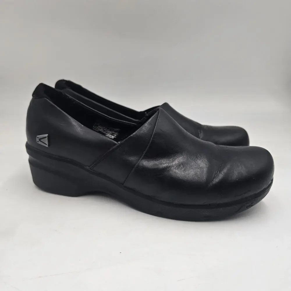 KEEN Kaci Black Full Grain Leather Slip On Clogs Shoes Womens 7.5 Nurse Work